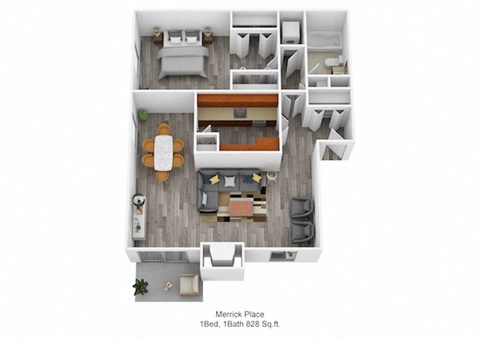 Floor plan for 1 bed, 1 bath, 828 sqft